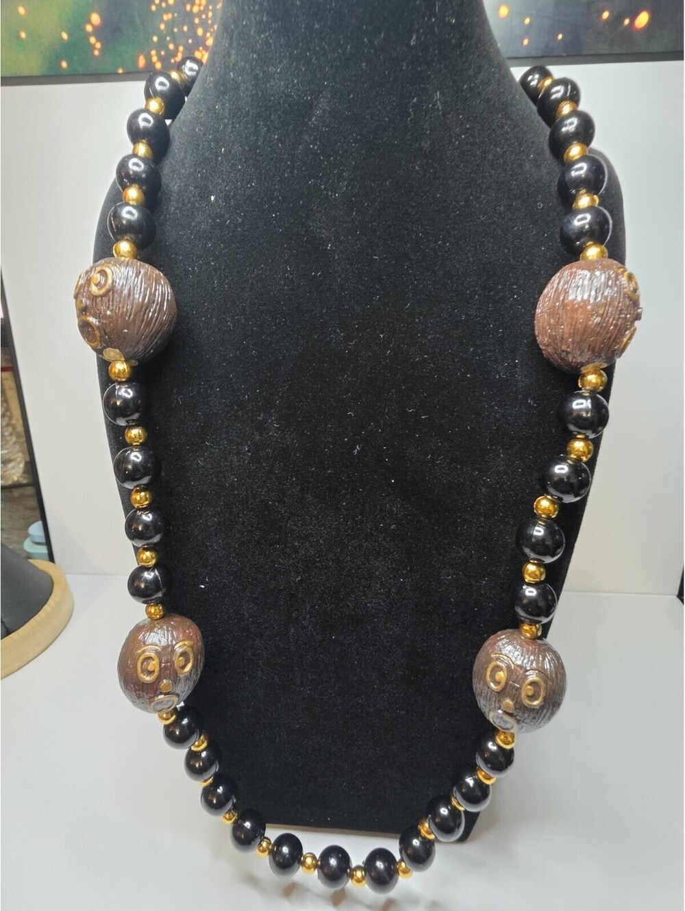 Vintage Tribal Boho Carved Coconut Face Bead Necklace, Multicolored 38"